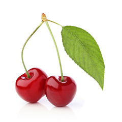Two cherries with leaf