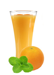 orange juice in glass, fresh orange fruit and mint herb isolated