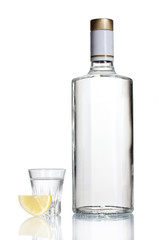 Bottle of vodka and wineglass with lemon isolated on white