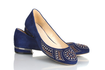 Elegant blue flat shoes for women in stones isolated on white