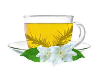 glass cup of green tea with jasmine flowers isolated on white