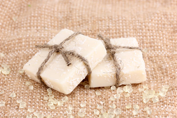 Hand-made herbal soap on sackcloth