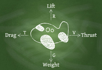 Diagram, showing Forces of Flight on chalkboard