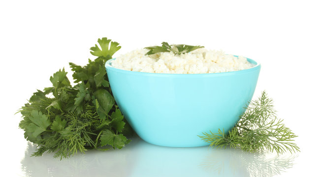 cottage cheese with greenery in blue bowl isolated on white