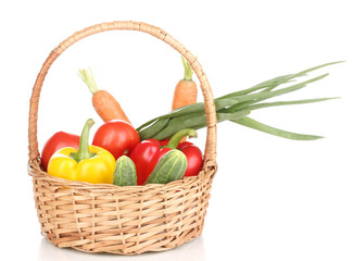 Fresh vegetables in basket isolated on white