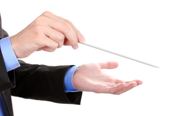 Music conductor hands with baton isolated on white