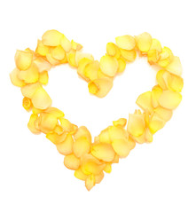 beautiful heart of orange rose petals isolated on white