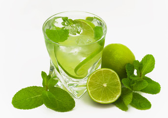 mojito, limes and mint isolated on a white background