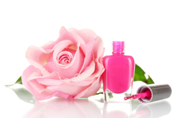 Pink Lacquer and pink rose isolated on white