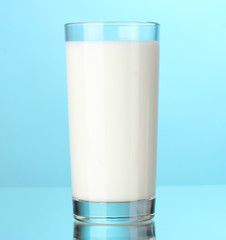 Glass of milk on blue