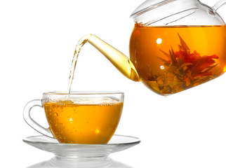 exotic green tea with flowers in glass teapot and cup isolated