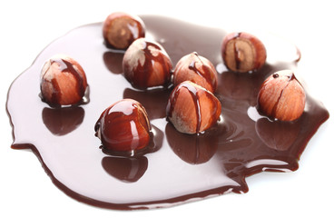 delicious hazelnut and chocolate syrup isolated on white