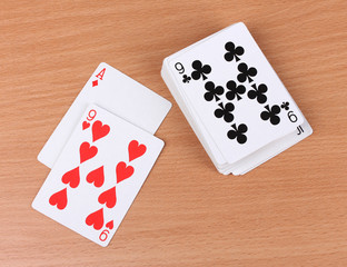 Cards on wooden background