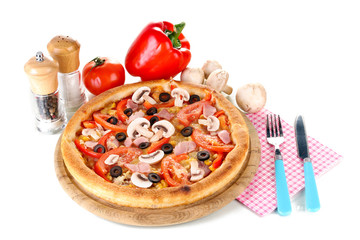 Aromatic pizza with vegetables and mushrooms isolated on white