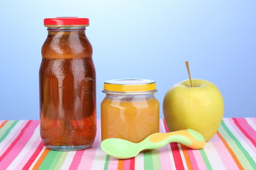 Jar of baby puree and juice with spoon