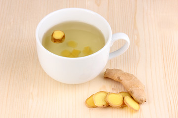 Healthy ginger tea on wooden background