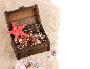 Chest and seashells on sand