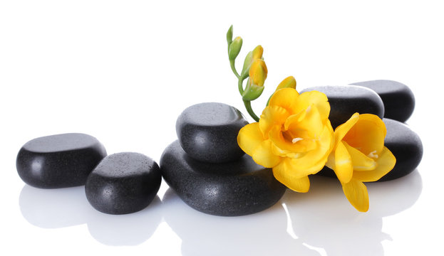 Fototapeta Spa stones and yellow flower isolated on white