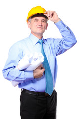 man architect with helmet and drafts isolated on white