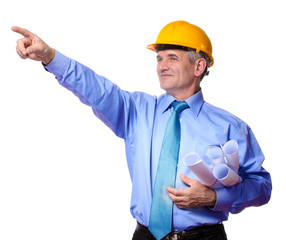 man architect with helmet and drafts showing with copy space