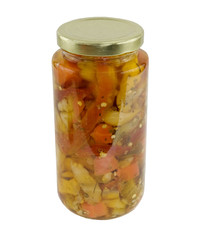 jar of fresh antipasta on a white background