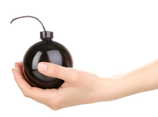 Cartoon style bomb in hand isolated on white