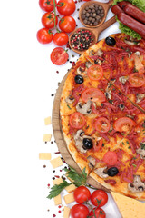 delicious pizza, vegetables and salami isolated on white.