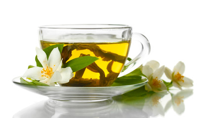 cup of green tea with jasmine flowers isolated on white