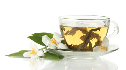 cup of green tea with jasmine flowers isolated on white