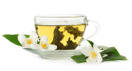 cup of green tea with jasmine flowers isolated on white