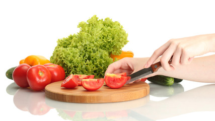 woman hands making salad isolated on white