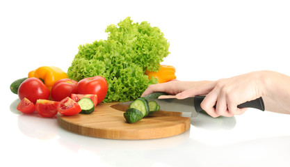 woman hands making salad isolated on white