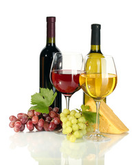 wine, cheese and grapes isolated on white