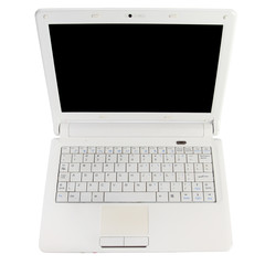White open laptop with black screen on white background