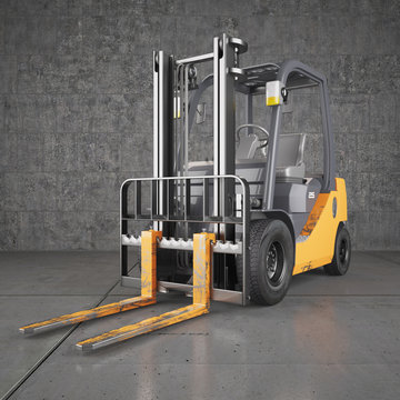 Forklift standing on industrial dirty concrete wall background