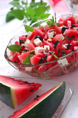 Salad - watermelon, feta cheese, olives, pumpkin seeds