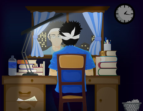 Young boy studying at night