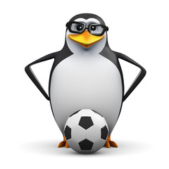 3d Penguin in glasses ready to play soccer