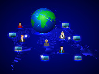 Globe with pointers, signals and social networking icons text,