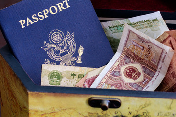 US passport with chinese currency in wood box