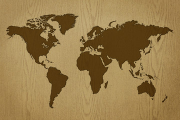 world map on wood texture