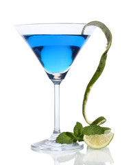 Blue cocktail in martini glass isolated on white