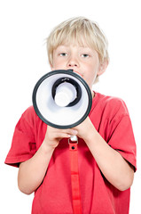 Fototapeta premium cute blond boy with megaphone on white