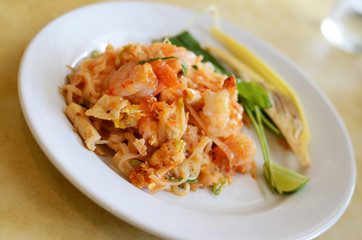 Thai style noodle with fresh shrimp , Pad thai , Thailand