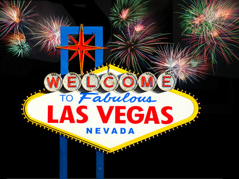 welcome to Fabulous Las Vegas Sign with fireworks