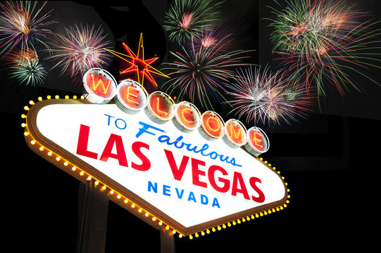 Welcome to Las Vegas Sign with fireworks