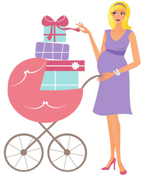 Happy pregnant woman with pink stroller