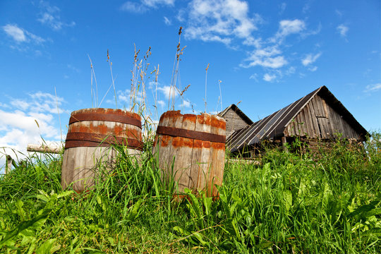 Old wooden barrels cask for wine