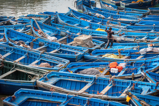 Blue Fishing Boats In Harbor Essaouira Morocco