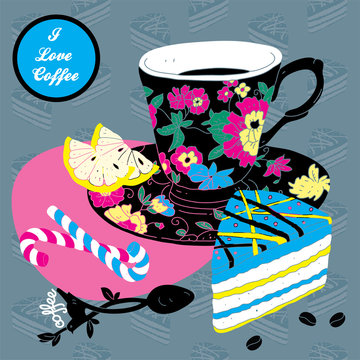 Cup of Coffee Card Illustration With Spoon Lemon and Cake